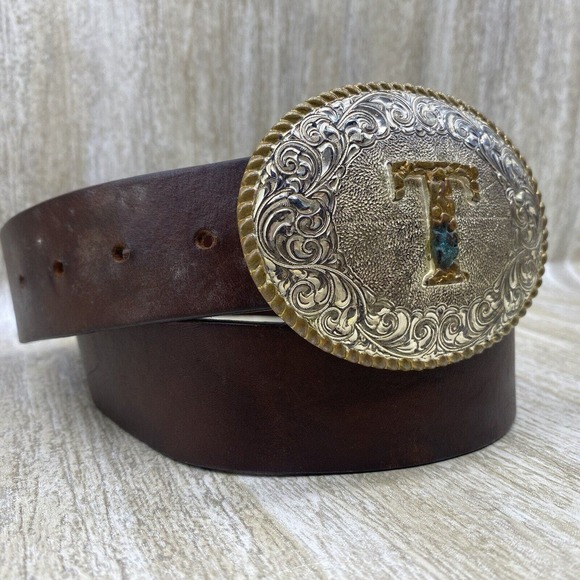 Justin SZ 32 Black Leather Belt with Crumrine TEXAS Buckle Gold Silver Two Tone - Picture 4 of 9